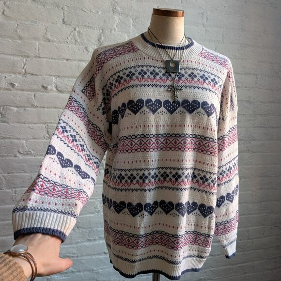 Vintage Sweetheart Chunky Knit Kawaii Sweater Grandpa Crewneck Boho Fuzzy Top - Picture 1 of 7